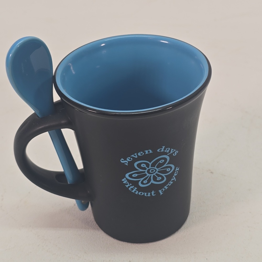 Black and Blue (The Tin Cup Coffee Cups) with spoon "Seven Days Without Prayer"